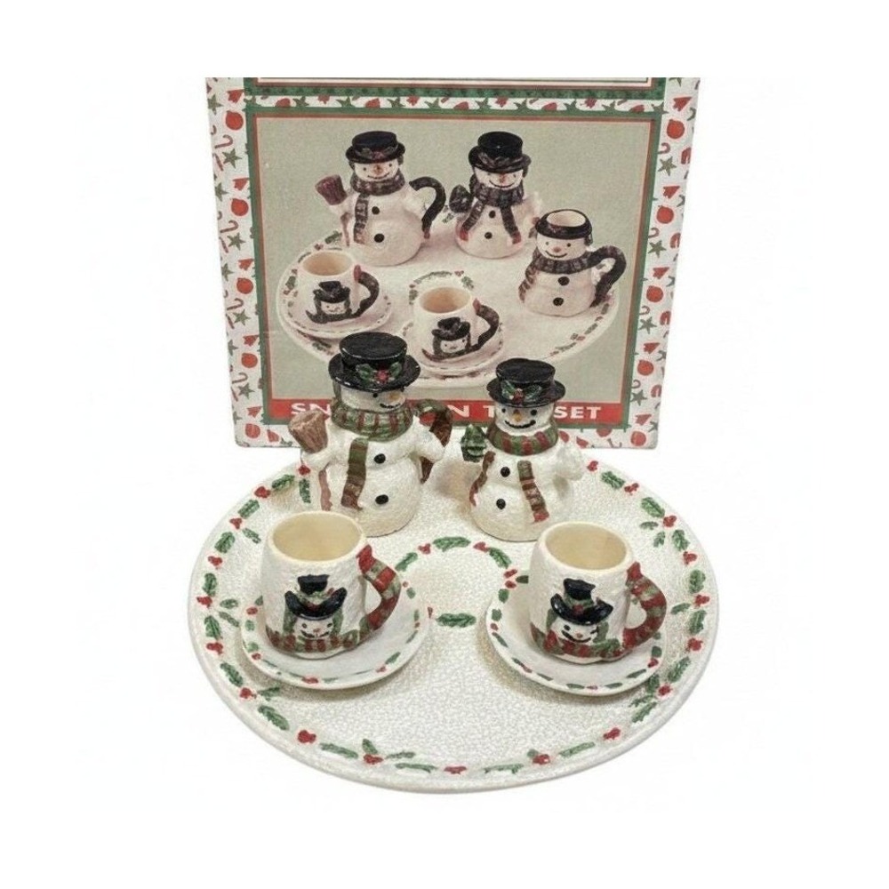 Holiday Collection Snowman Tea Set Unisex Small White Ceramic Miniature 7pc Set